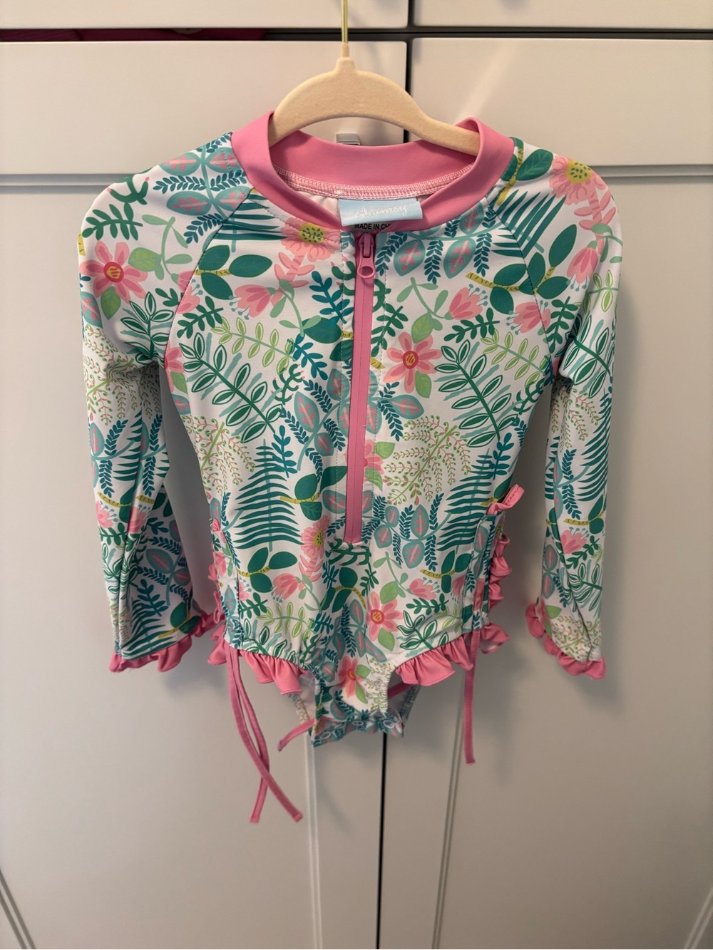 Long-Sleeve Floral One-Piece Rash Guard Swimsuit - Pink & Green